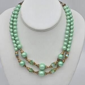 Vintage Elegant Mint Green Beaded Necklace AB Crystal